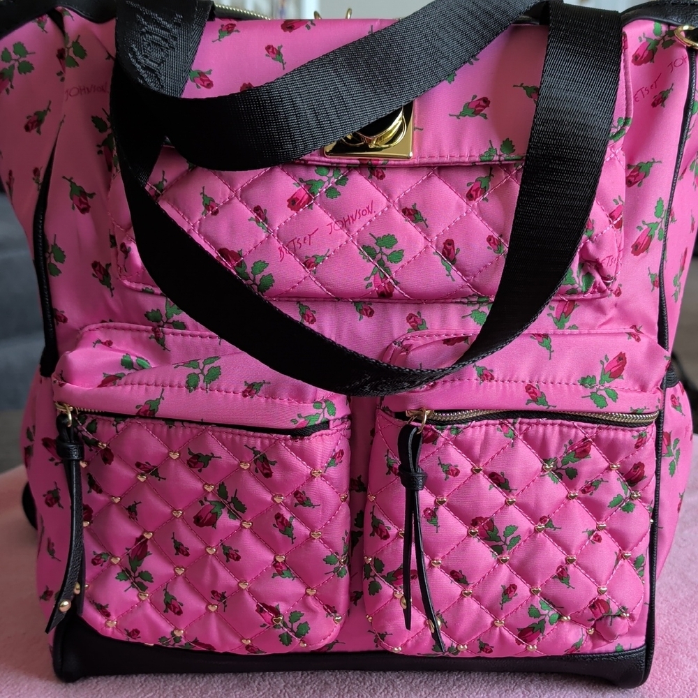 Betsey Johnson Pink Quilted Floral Backpack with Black Trim - Picture 4 of 4